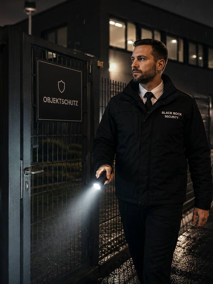 Kontrollgang bei Nacht am gesicherten Objekttor