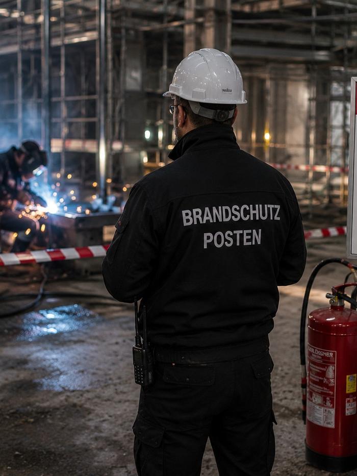Brandschutzposten von Black Rock Security überwacht Schweißarbeiten in einer Industriehalle