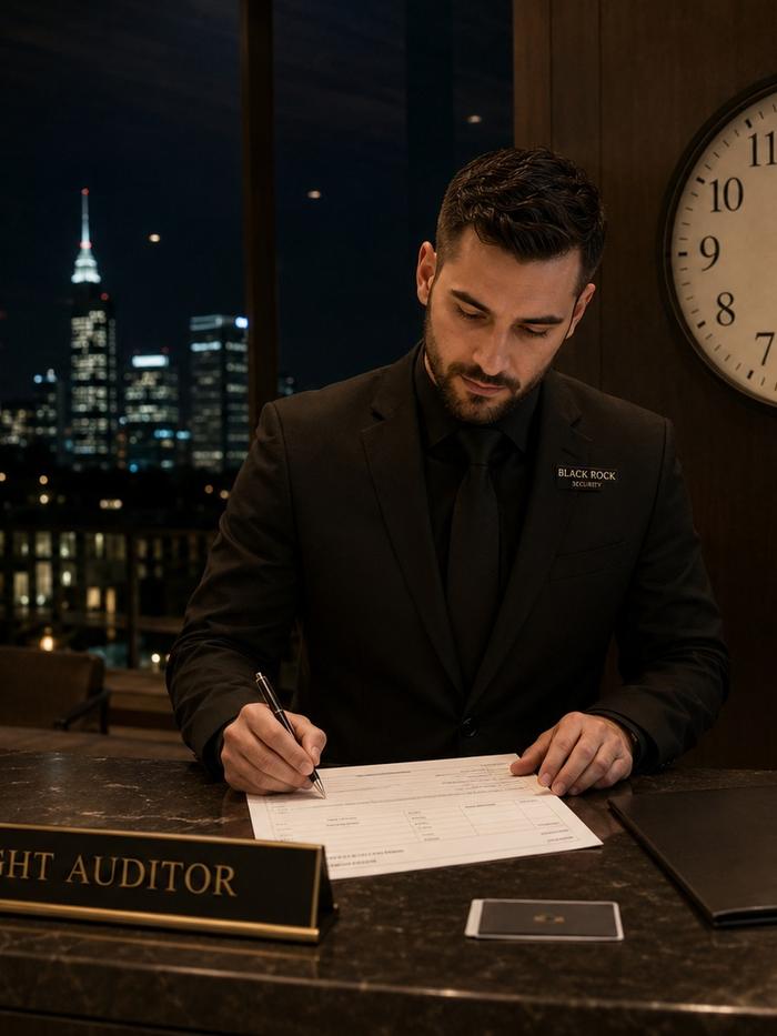 Night Auditor von Black Rock Security an der Hotelrezeption bei Nacht