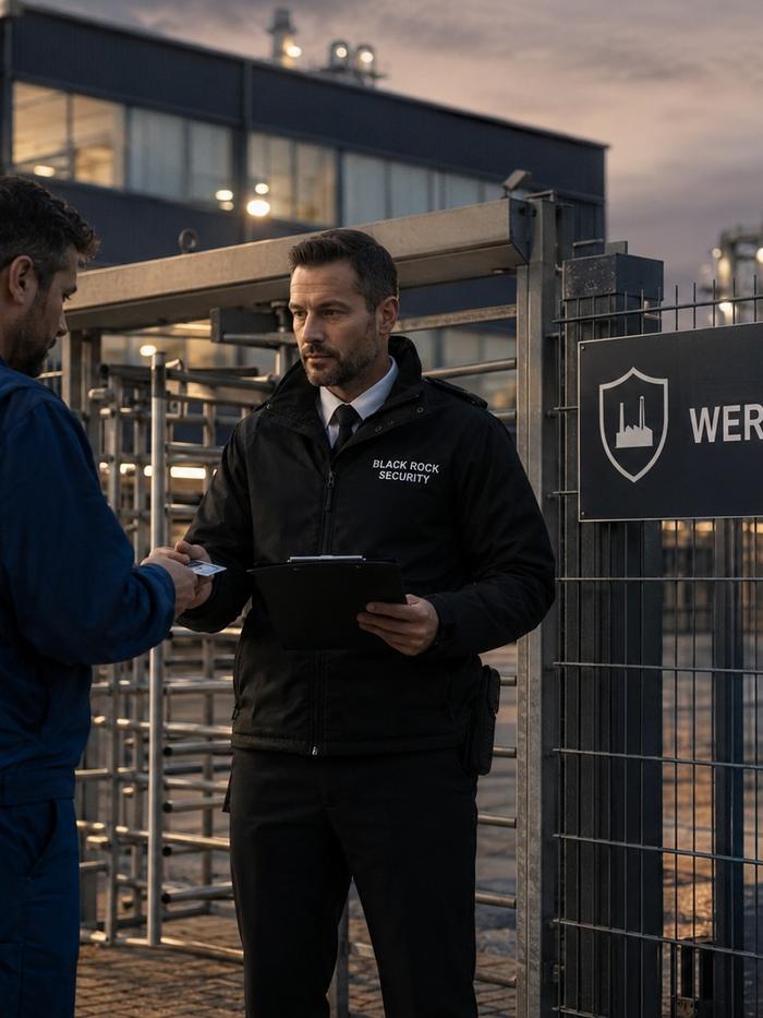 Wachmann von Black Rock Security bei der Zutrittskontrolle am Werkstor