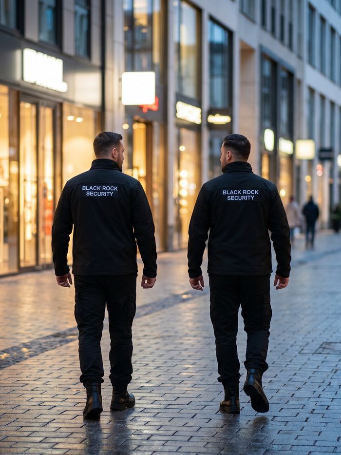 Zwei Mitarbeiter von Black Rock Security auf Streifengang in einer Fußgängerzone