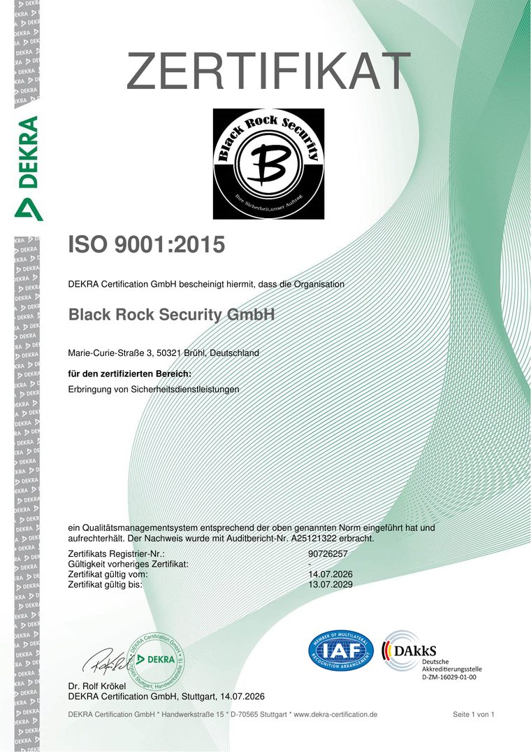 DEKRA-Zertifikat ISO 9001:2015 für Black Rock Security GmbH